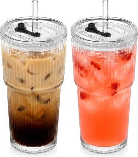 Staklene čaše tumbleri s poklopcem i slamkom 500 ml, set 2 kom