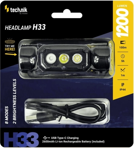 Naglavna svjetiljka Technik H33 s LED SST20 i USB‑C (1200 lm)