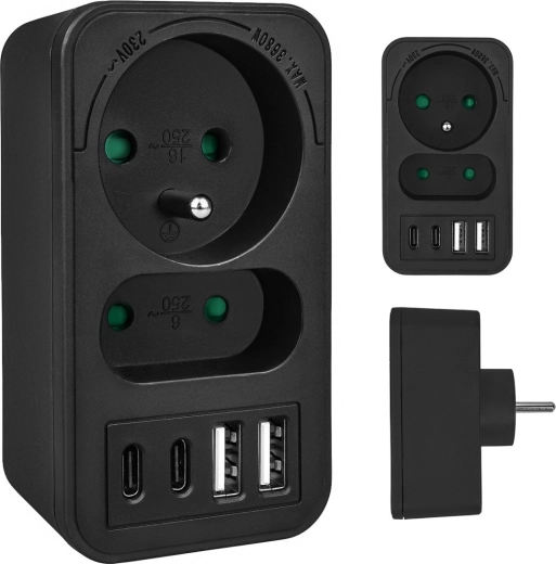Razdjelnik za utičnicu s 1 Schuko, 1 Euro i 4× USB (2× USB‑A 18 W, 2× USB‑C PD 20 W)
