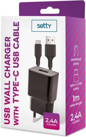 Setty mrežni punjač 1× USB 2,4 A crni + USB‑C kabel 1 m