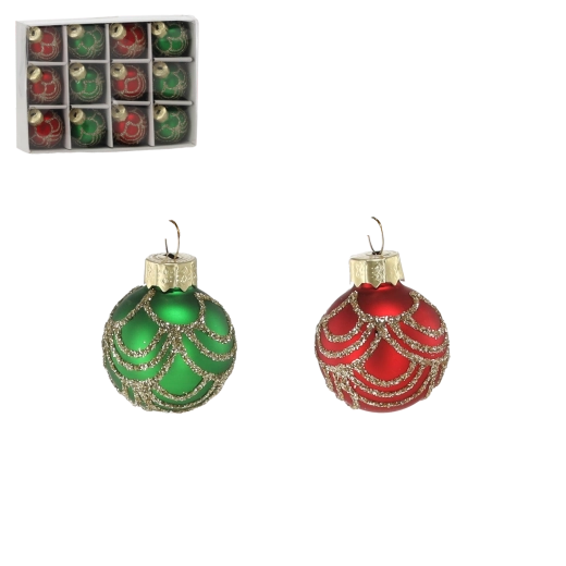 Set od 12 staklenih božićnih ukrasa crvena i zelena 4 cm