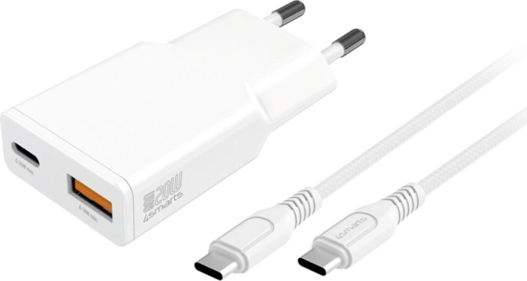 Mrežni punjač GaN 20 W s USB‑C i USB‑A + USB‑C kabel 1,5 m bijela