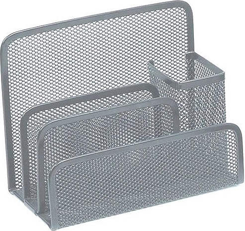 Metalni stolni organizator za pisma i uredski pribor, srebrni