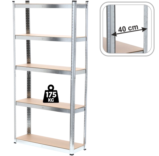 Metalna polica s 5 polica 200 × 90 × 40 cm, MDF, nosivost 175 kg po polici