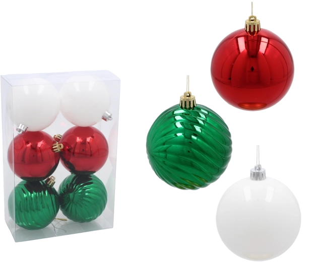Set božićnih kuglica 8 cm – crvena, zelena i bijela, 6 kom