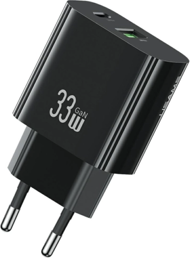 USAMS T65 33W GaN brzi zidni punjač s USB-C i USB-A (crni)