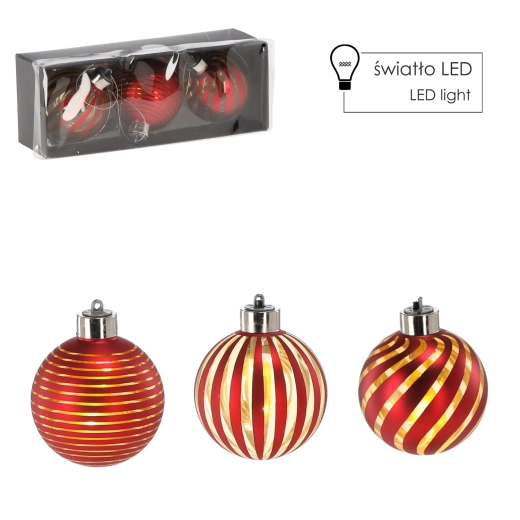 Set staklenih božićnih ukrasa s LED osvjetljenjem, crveni, 8 cm, 3 kom