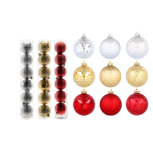 set božićnih kuglica 6 cm u crvenoj, zlatnoj i srebrnoj boji, nelomljive