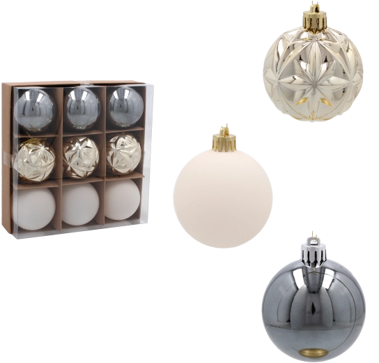 Set božićnih kuglica 6 cm u nijansama šampanjca, sive i bijele – 9 kom