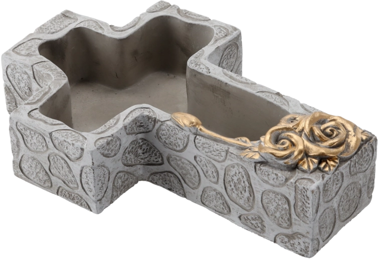 Cementna grobna posuda u obliku križa, siva sa zlatnim detaljima 28 × 18 × 7,5 cm