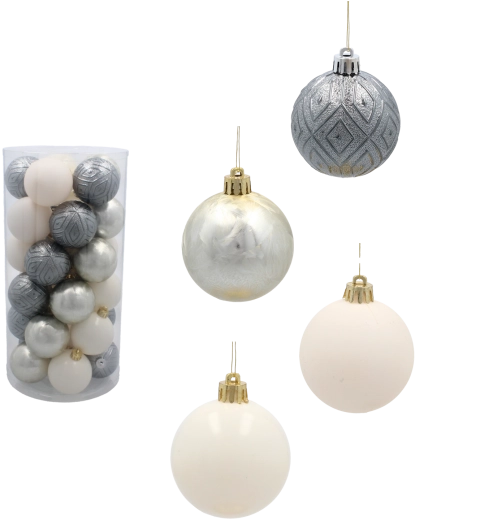 Set božićnih kuglica 6 cm, 30 kom – šampanjac, siva i bijela