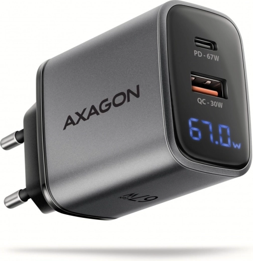 Mrežni punjač AXAGON GaN 67 W s USB‑C PD i USB‑A QC, LED zaslon