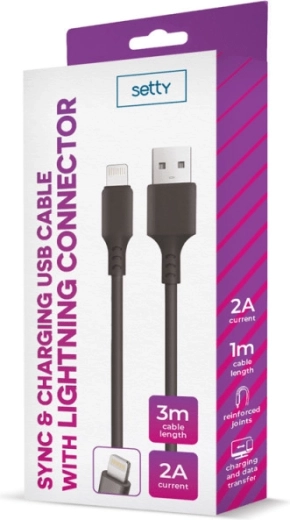 Setty USB–Lightning kabel 3 m 2 A crni