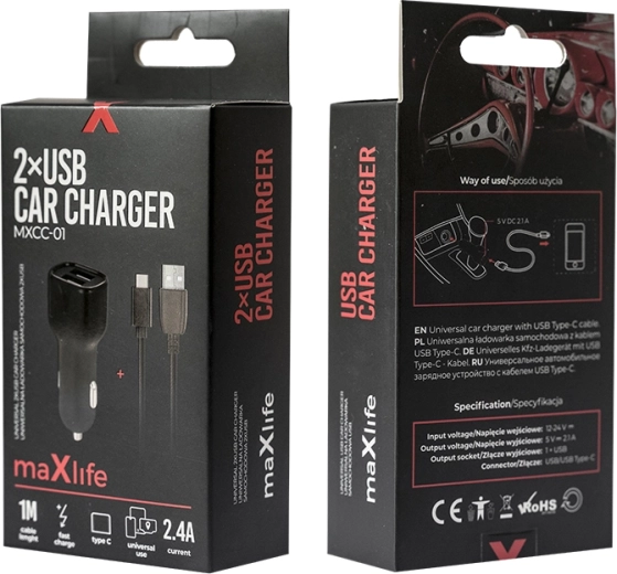 Autopunjač MAXLIFE 2× USB + USB‑C 2,4 A, crna