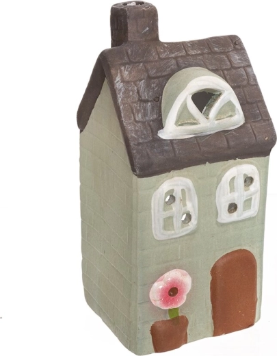 Keramički svijećnjak u obliku kućice zeleno-sivi 16 cm