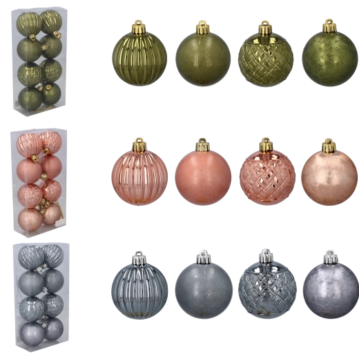 Set božićnih kuglica 6 cm – maslinaste, bakrene i grafitne nijanse, 8 kom