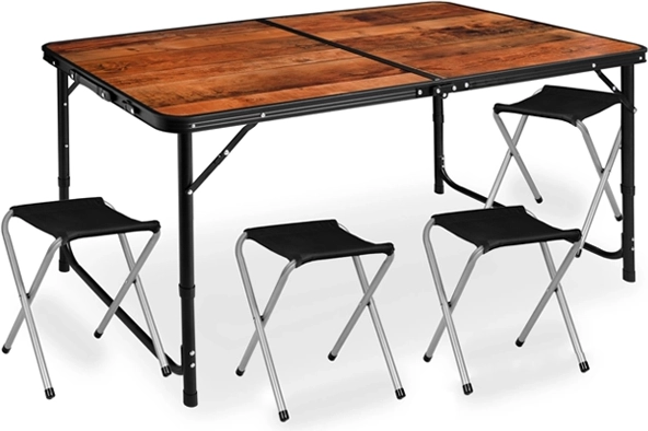Sklopivi kamping set sa stolom i 4 stolice u imitaciji drva, 5 u 1 sklopiv u kofer