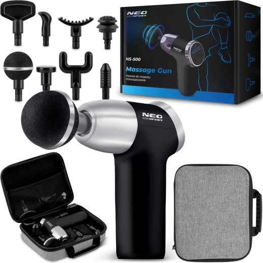 Masažni pištolj NEO Sport NS-500 s 8 nastavaka, crni