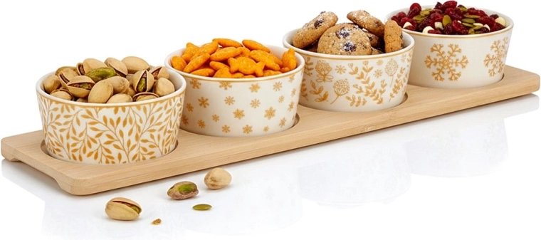 Porculanske zdjelice za grickalice na bambusovoj pladnji, set od 5 dijelova