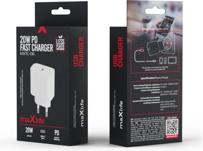 Mrežni punjač Maxlife 20W USB-C s podrškom za PD i QC, bijeli