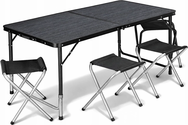Sklopivi kamping set: stol i 4 stolice u koferu, crni