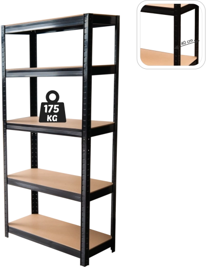 Metalna polica s pet polica 180 × 90 × 40 cm, crna, nosivost police 175 kg