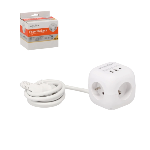 Produžna kocka s utičnicama 3×230 V i 3× USB, 1,5 m, bijela