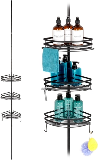 Kutna teleskopska tuš-polica od metala, crna, podesiva