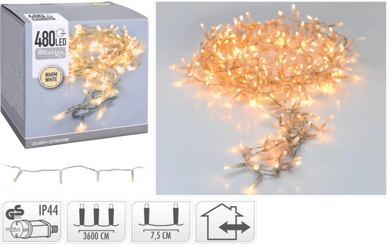 Božićni LED lanac 36 m, 480 LED, toplo bijela, prozirna žica, IP44