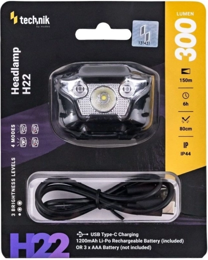 Technik naglavna svjetiljka H22 s USB‑C, bijelim, crvenim i zelenim svjetlom (300 lm)