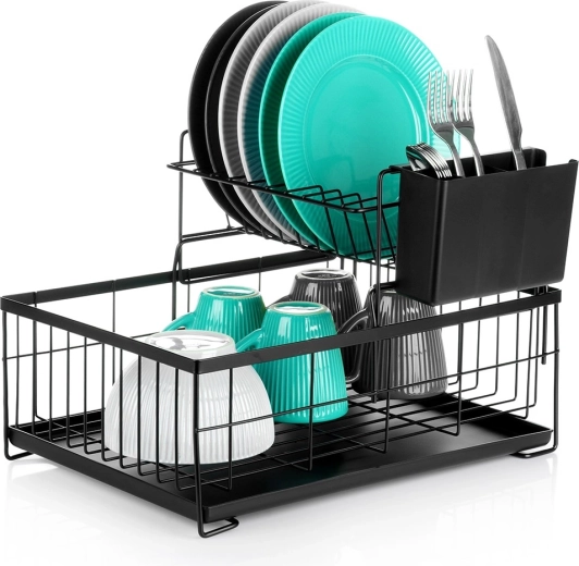 Dvoslojna metalna ocjedna posuda za posuđe, crna 42 × 28 × 28 cm