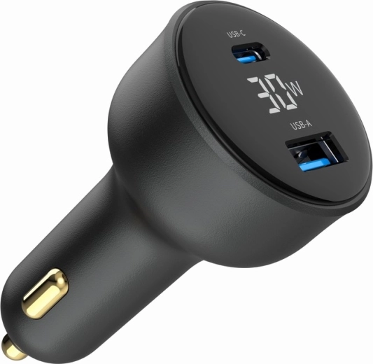 Brzi auto adapter punjač 30 W s LCD‑om, USB‑C PD i 2× USB‑A, crna