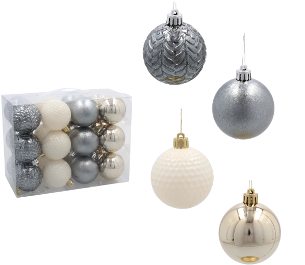 Set božićnih kuglica 6 cm – šampanjac, siva i bijela (24 kom)