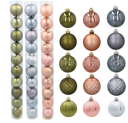 Set božićnih kuglica 6 cm – maslinasta, bakrena i grafitna, 10 kom