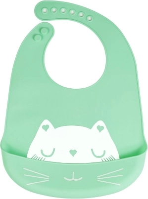 Silikonska podbradnjača s džepom za djecu - zelena, mačka