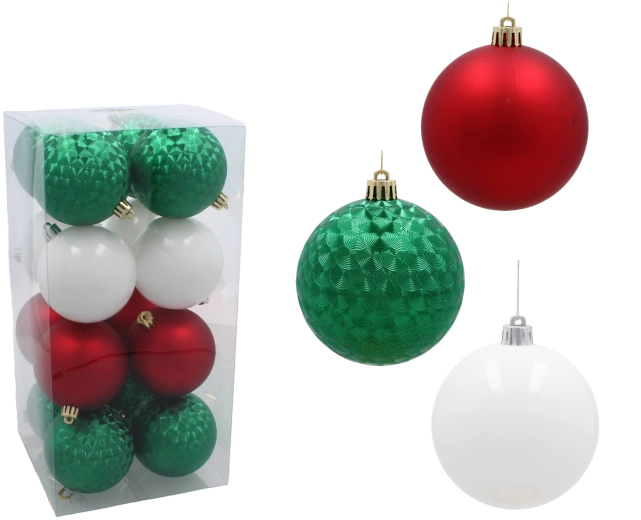 Set božićnih kuglica 8 cm – crvene, zelene i bijele (16 kom)