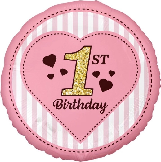 Ružičasti folijski balon 45 cm – 1st Birthday