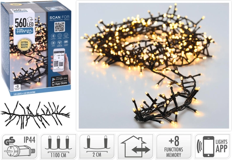 Božićni LED lanac 11 m, 560 svjetala, toplo bijela, upravljanje putem aplikacije, 8 režima