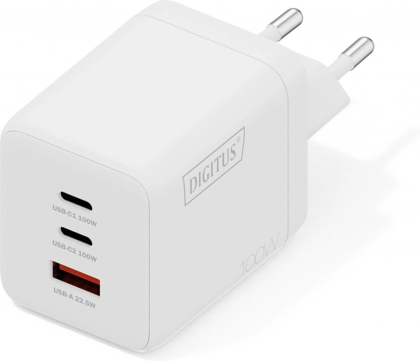 Zidni USB GaN punjač 100 W, 2× USB‑C i 1× USB‑A, bijela