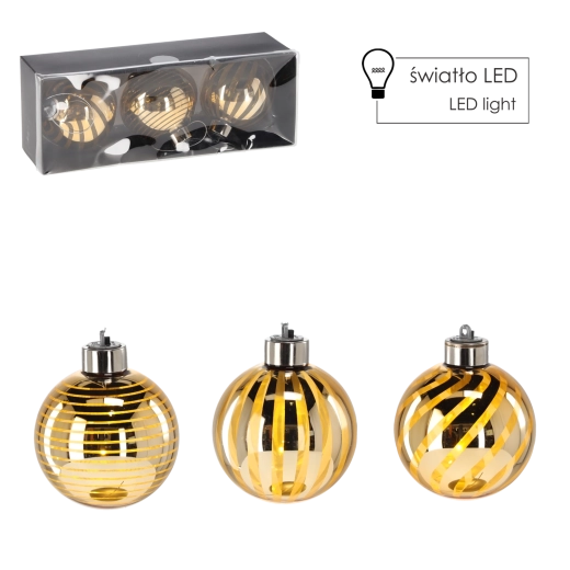 Set zlatnih staklenih božićnih ukrasa s LED, 8 cm, 3 kom