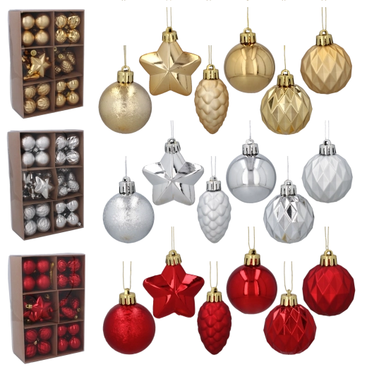 Set božićnih ukrasa 47 kom u crvenoj, zlatnoj i srebrnoj boji (4–6 cm)