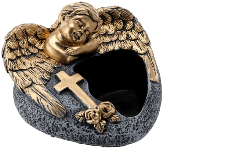 Cementna grobna vaza s anđelom, tamnosiva sa zlatnim ukrasima 16 × 17,5 × 11 cm