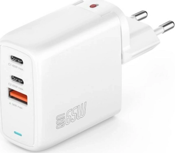 Mrežni punjač GaN Flex 65 W, 2× USB‑C + 1× USB‑A, bijela
