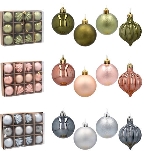 Set božićnih kuglica 6 cm – maslinasta, bakrena i grafitna, 12 kom