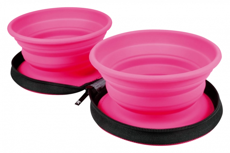 Putna dvostruka zdjelica za kućne ljubimce Kiwi Walker – roza, sklopiva silikonska 2×350 ml