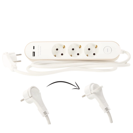 Produžni prenaponski razdjelnik s prekidačem, 3 Schuko utičnice i 2 USB (USB-A + USB-C), 1,5 m, bijela