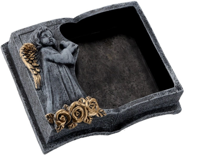 Cementna grobljanska žardinjera knjiga tamnosiva sa zlatnim detaljima 23 × 19 × 7,5 cm