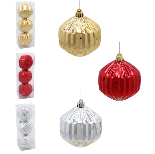 Set božićnih kuglica 8 cm – crvena, zlatna i srebrna, sjajne rebraste dekoracije (3 kom)