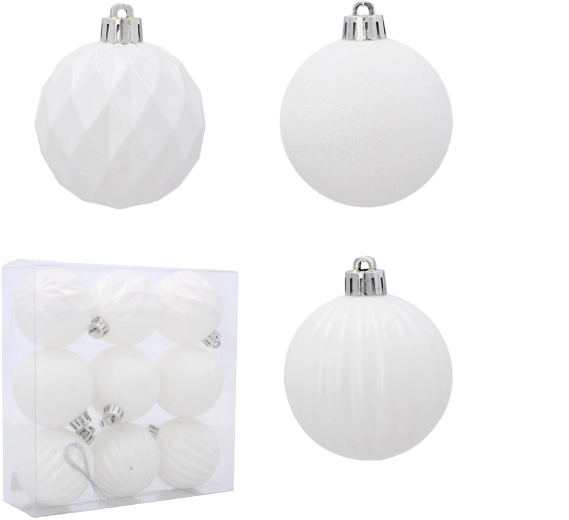 Set od 9 bijelih božićnih kuglica 6 cm – mat, sjajne i svjetlucave