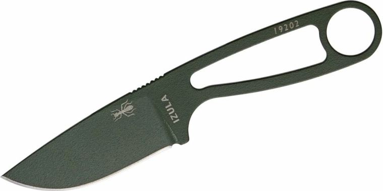 ESEE Izula OD – mali survival nož od ugljičnog čelika sa zelenom završnom obradom i futrolom